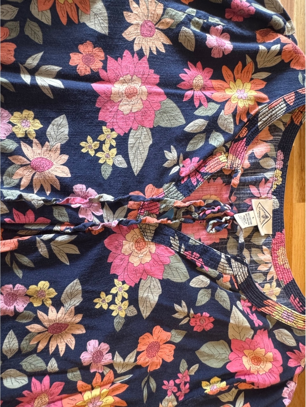 St. John’s Bay Floral Hooded Top L Boho Cottagecore 3/4 Sleeve Tie Neck Cotton - Picture 8 of 9